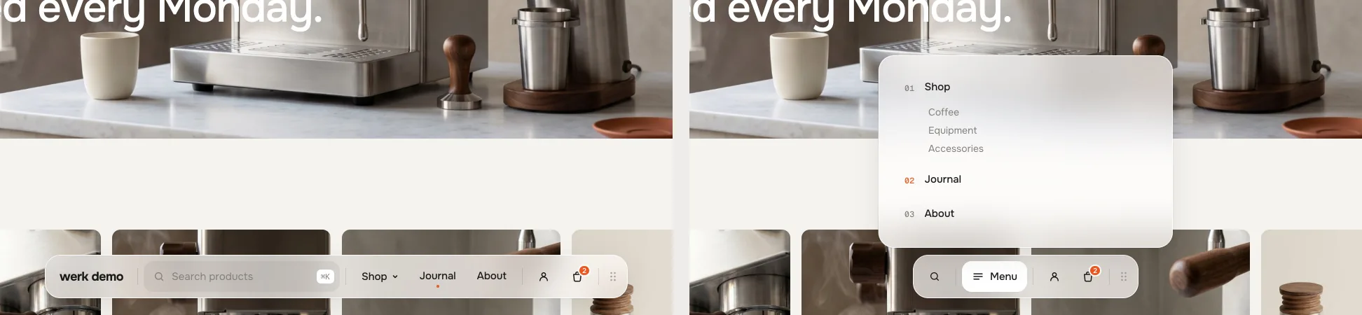 Links in the dock and behind the menu button