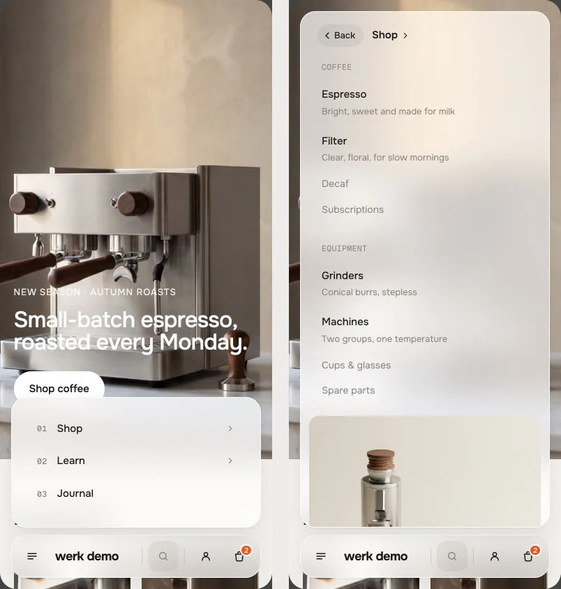 Phone: menu and drill-down into Shop